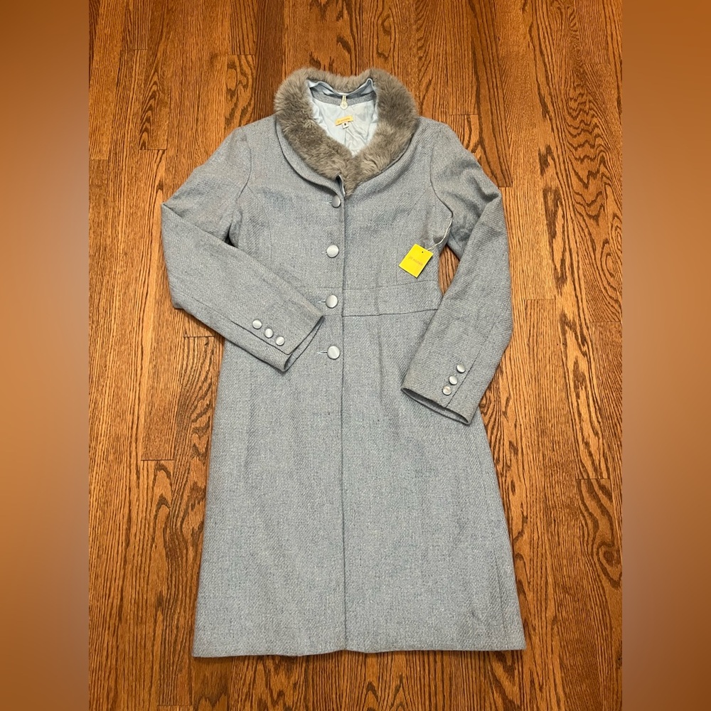 NWT Jill Michelle Sky Blue Wool Blend Tweed Coat Removable Collar Womens Size 8